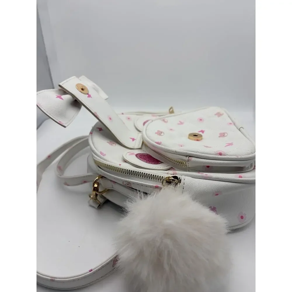 UNDER ONE SKY Mini Backpack Purse White Pink Bear Print Bow Bag Charm